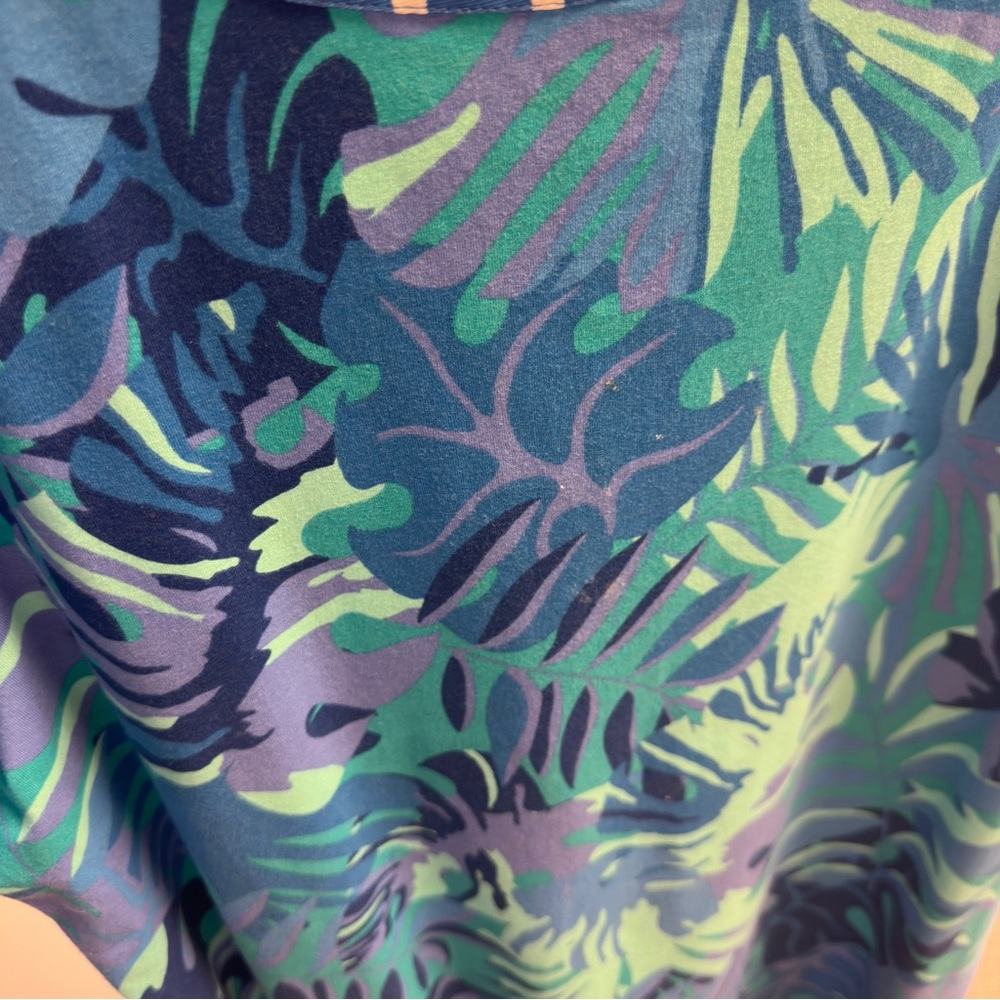 Chico’s Size 3 Blue Green Tropical Leaf Print Short Sleeve Shift Dress - Picture 8 of 13